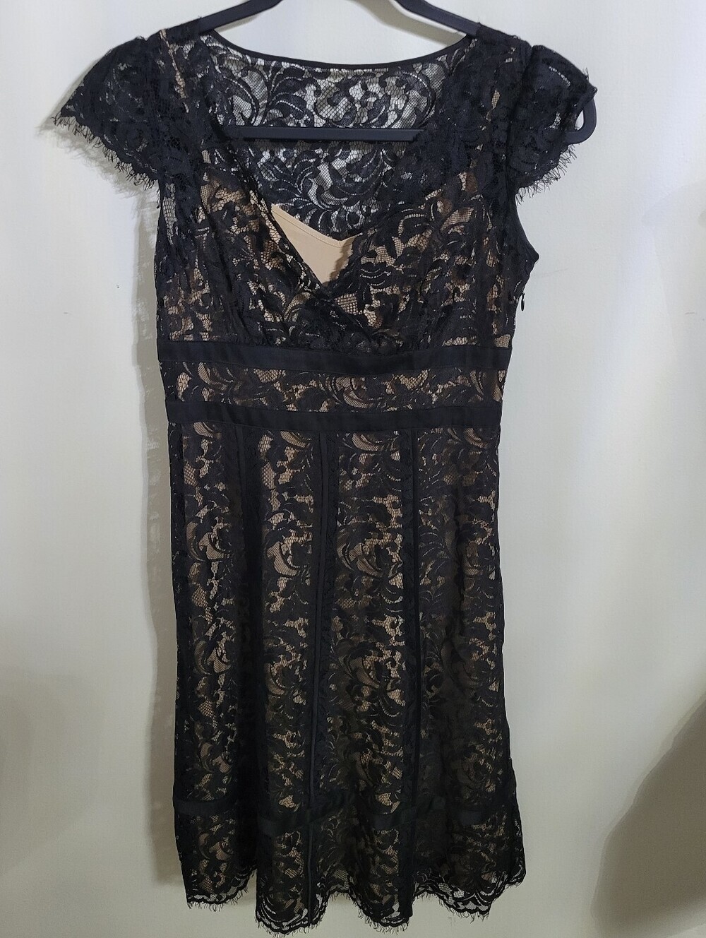 LOFT Black Lace Overlay Dress with Nude Lining, Size 0P